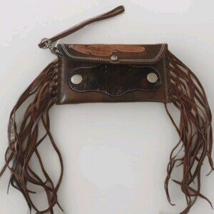 Leather Purse Clutch Fringe Hand Made Tooled Brown Americana Sustainable